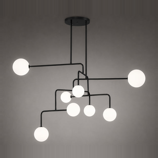 Lumorne 8-Light Glass Globe Chandelier with textured black metal rods branching asymmetrically from a round ceiling plate, each ending in a different-sized opal glass globe.