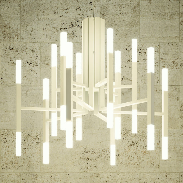 TheLight LED 12 Light Chandelier in white: a white iron frame with tiered arms holding upright acrylic rods glowing at both ends, warm white light, set against a stone wall.