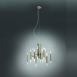TheLight LED 12 Light Chandelier in satin nickel, iron frame with radiating rods and acrylic diffusers, suspended from a ceiling cable against a dark background.