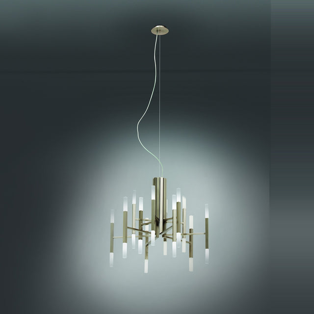 TheLight LED 12 Light Chandelier in satin nickel, iron frame with radiating rods and acrylic diffusers, suspended from a ceiling cable against a dark background.
