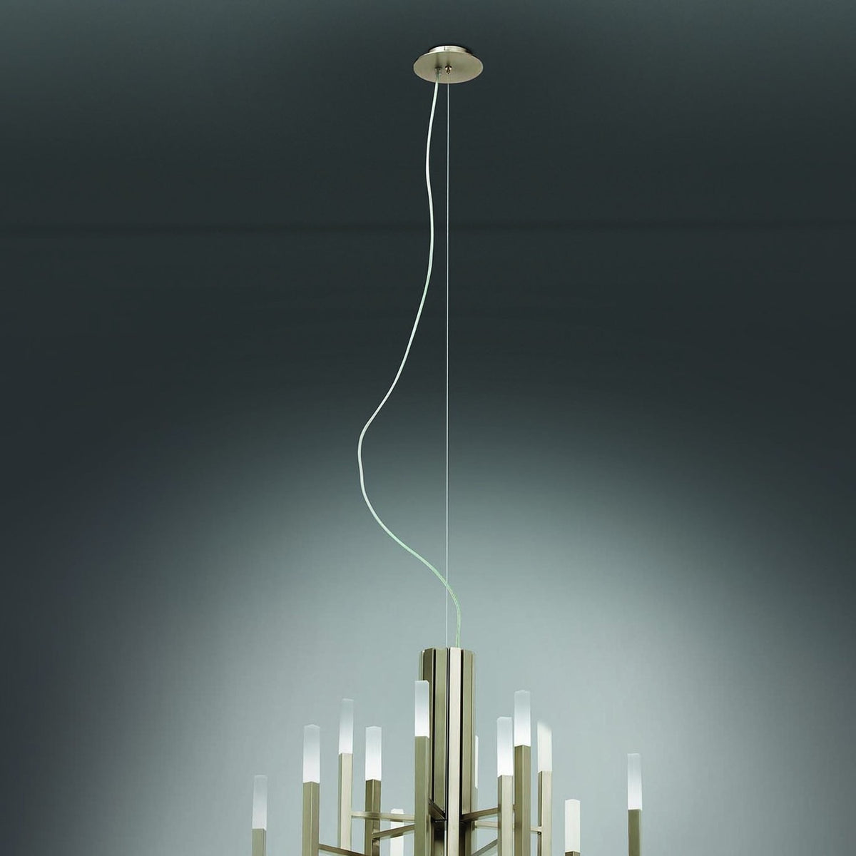 TheLight LED 12 Light Chandelier in satin nickel, slim rods with acrylic diffusers radiating from a central column, shown on a long cable against a plain grey background.