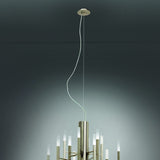 TheLight LED 12 Light Chandelier in satin nickel, slim rods with acrylic diffusers radiating from a central column, shown on a long cable against a plain grey background.