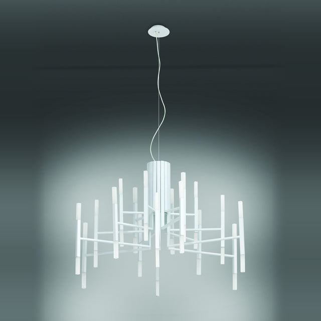 TheLight LED 18 Light Chandelier in white, with radiating arms and glowing vertical rods around a fluted central cylinder, suspended against a plain grey background.