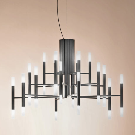 TheLight LED 18 Light Chandelier in black, with slim iron arms radiating in tiers from a fluted central column, each topped with an acrylic diffuser, shown against a plain neutral background.