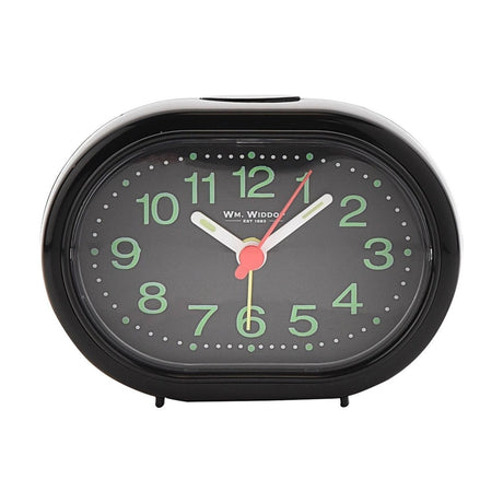 Oval analogue alarm clock with glossy black plastic case, dark grey dial, pale green numerals, white hour and minute hands, red seconds hand and yellow alarm hand, on a white background.