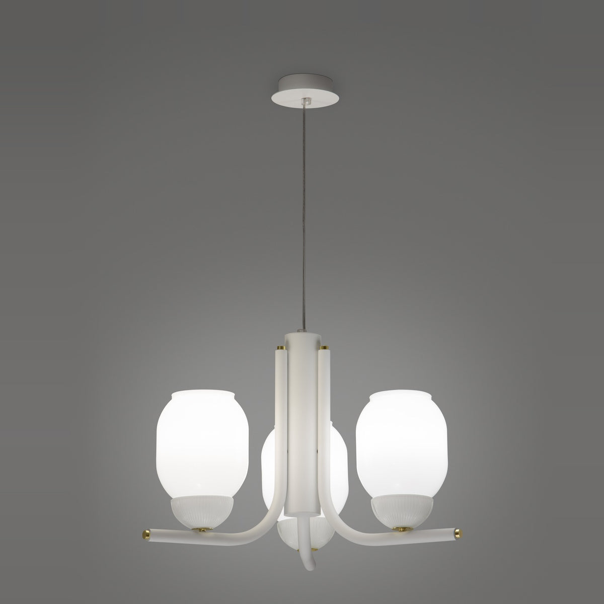 Faronne 3 Light Glass Chandelier in white, with opal glass barrel shades on curved iron arms, brass-coloured accents, and a white ceiling canopy against a plain grey background.