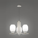 Faronne 3 Light Glass Chandelier in white, with opal glass barrel shades on curved iron arms, brass-coloured accents, and a white ceiling canopy against a plain grey background.