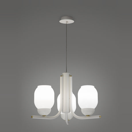 Faronne 3 Light Glass Chandelier in white, with opal glass barrel shades on curved iron arms, brass-coloured accents, and a white ceiling canopy against a plain grey background.
