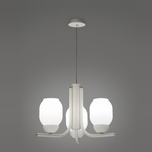 Faronne 3 Light Glass Chandelier in white, with opal glass barrel shades on curved iron arms, brass-coloured accents, and a white ceiling canopy against a plain grey background.