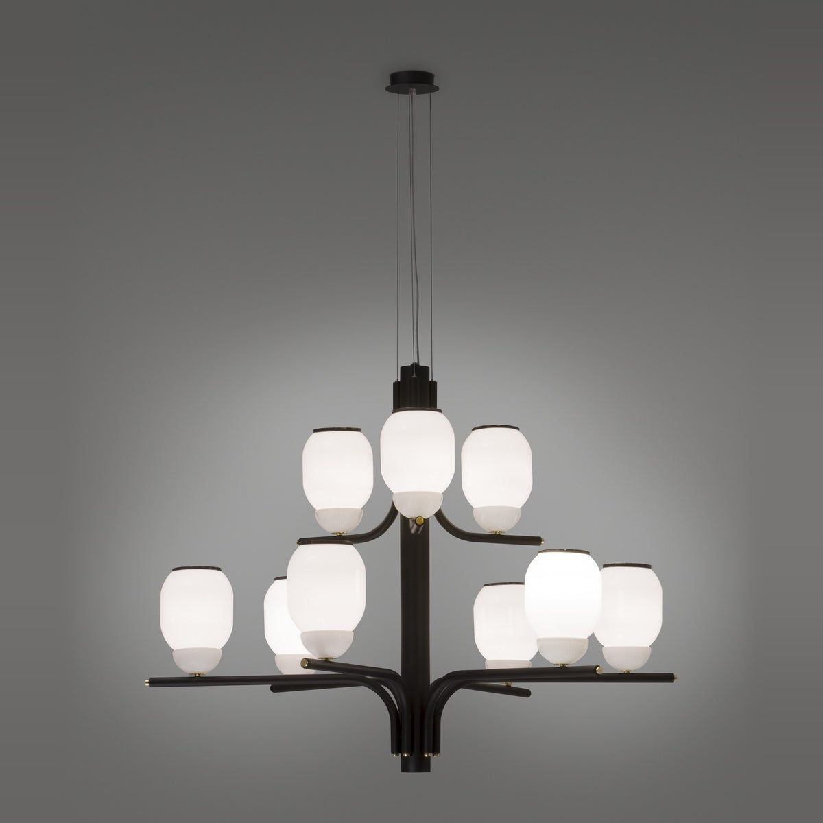 Faronne 9 Light Glass Chandelier in black iron with nine opal glass barrel shades arranged in two tiers on sweeping arms, shown against a plain grey background.