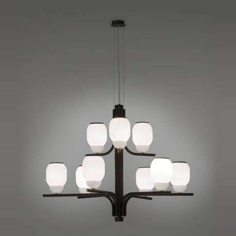 Faronne 9 Light Glass Chandelier in black iron with nine opal glass barrel shades arranged in two tiers on sweeping arms, shown against a plain grey background.