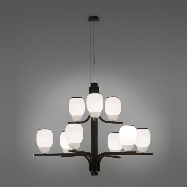 Faronne 9 Light Glass Chandelier in black iron with nine opal glass barrel shades arranged in two tiers on sweeping arms, shown against a plain grey background.