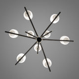 Faronne 9 Light Glass Chandelier in black, viewed from below, with slender arms radiating from a central hub to nine opal glass barrel shades, set against a plain grey background.