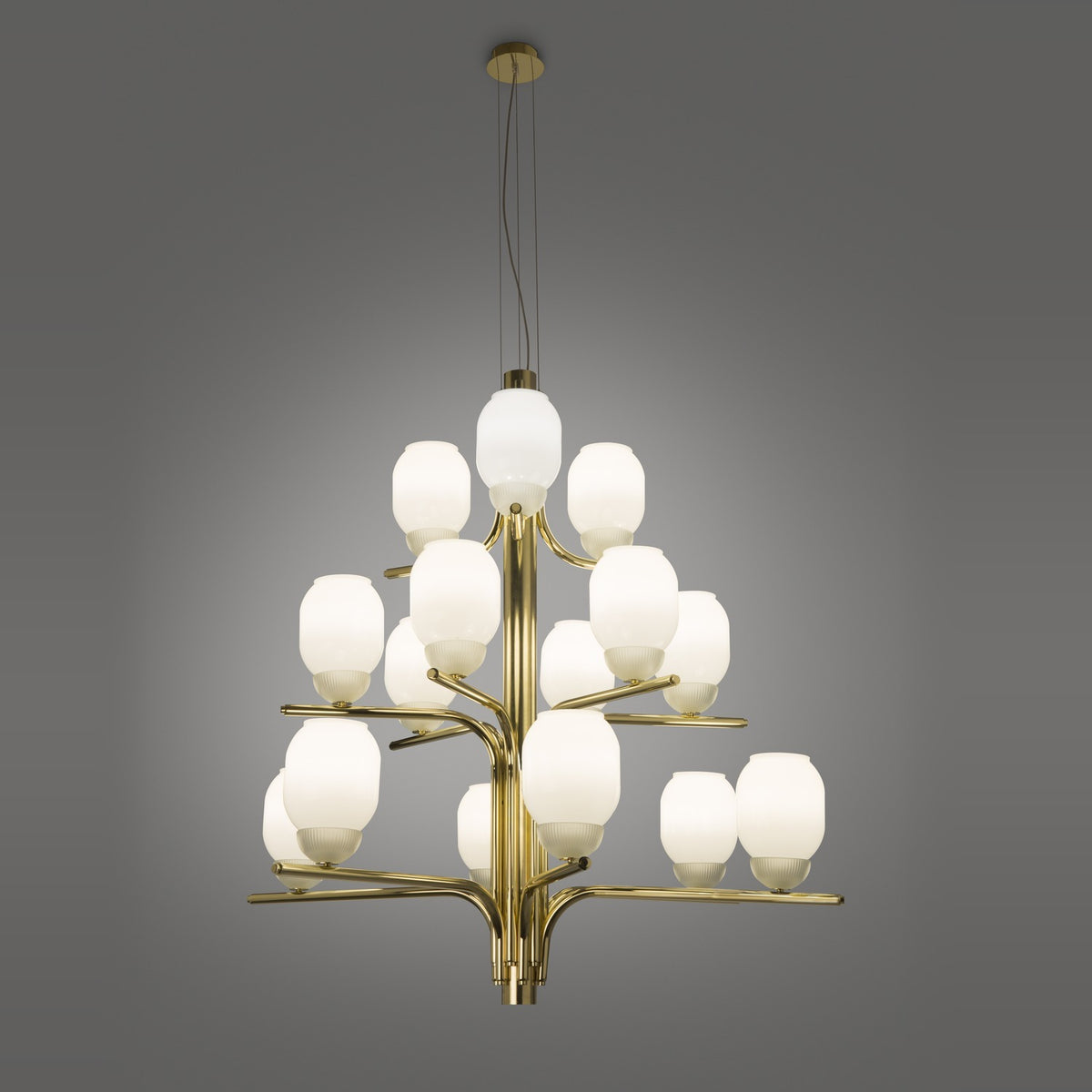 Faronne 15 Light Glass Chandelier in polished brass, with opal glass barrel shades arranged in tiers on a branching iron frame, shown against a plain grey background.