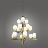 Faronne 15 Light Glass Chandelier in polished brass, with opal glass barrel shades arranged in tiers on a branching iron frame, shown against a plain grey background.