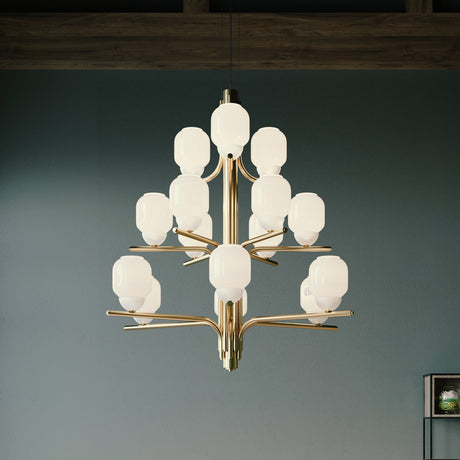 Faronne 15 Light Glass Chandelier in polished brass, with opal glass barrel shades across three tiers on a branching iron frame, shown hanging in a room with teal walls.