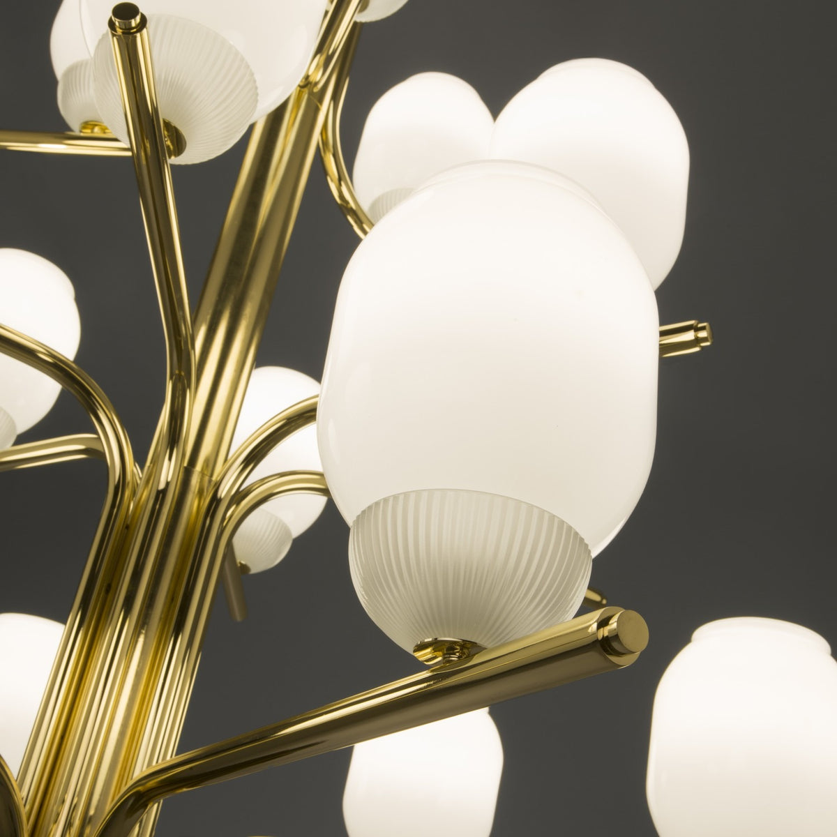 Close-up of the Faronne 15 Light Glass Chandelier, showing opal glass barrel shades with ribbed bases on curved polished brass arms against a dark background.