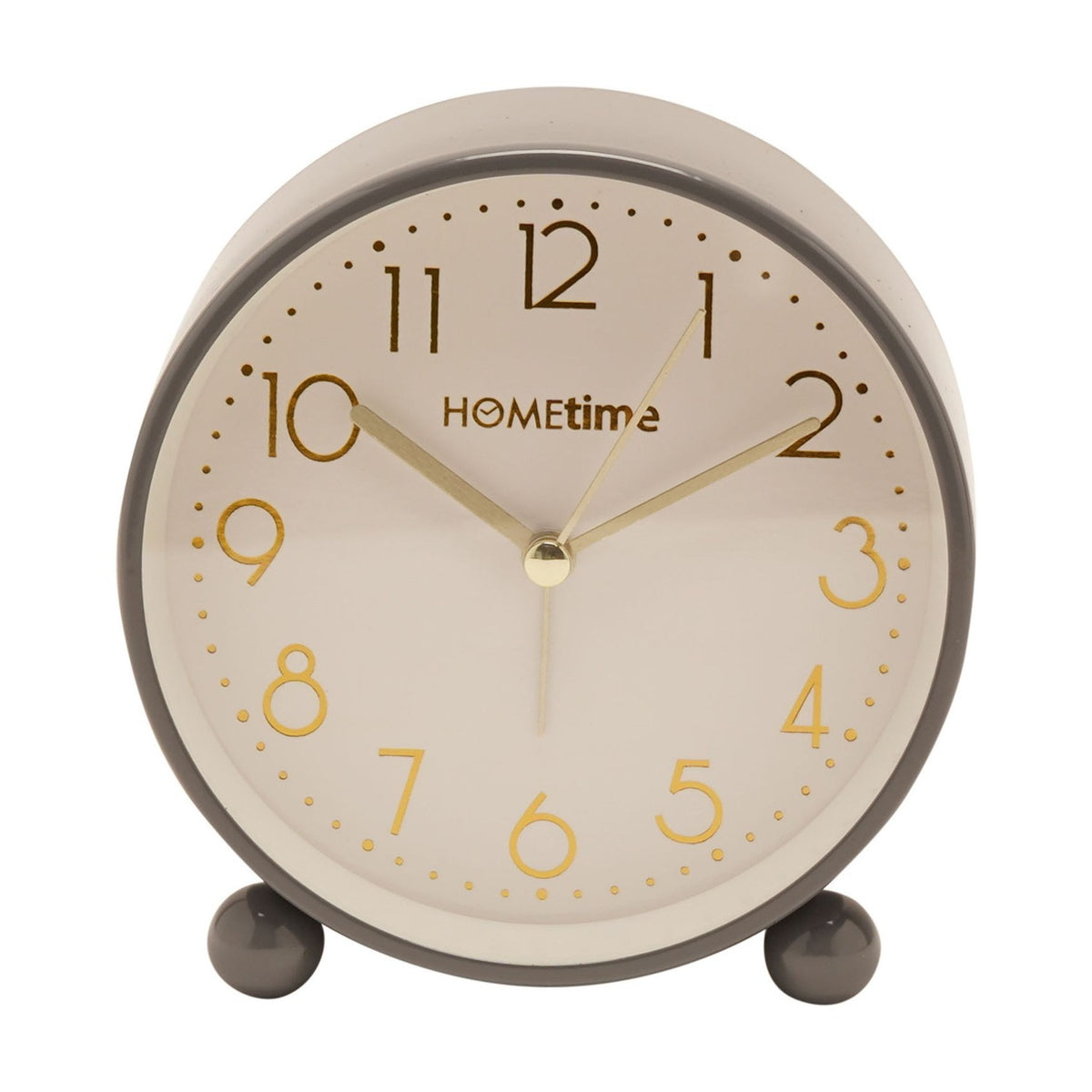 Round metal case alarm clock in glossy grey with a cream dial, gold Arabic numerals and hands, set on two round feet, shown on a plain white background.