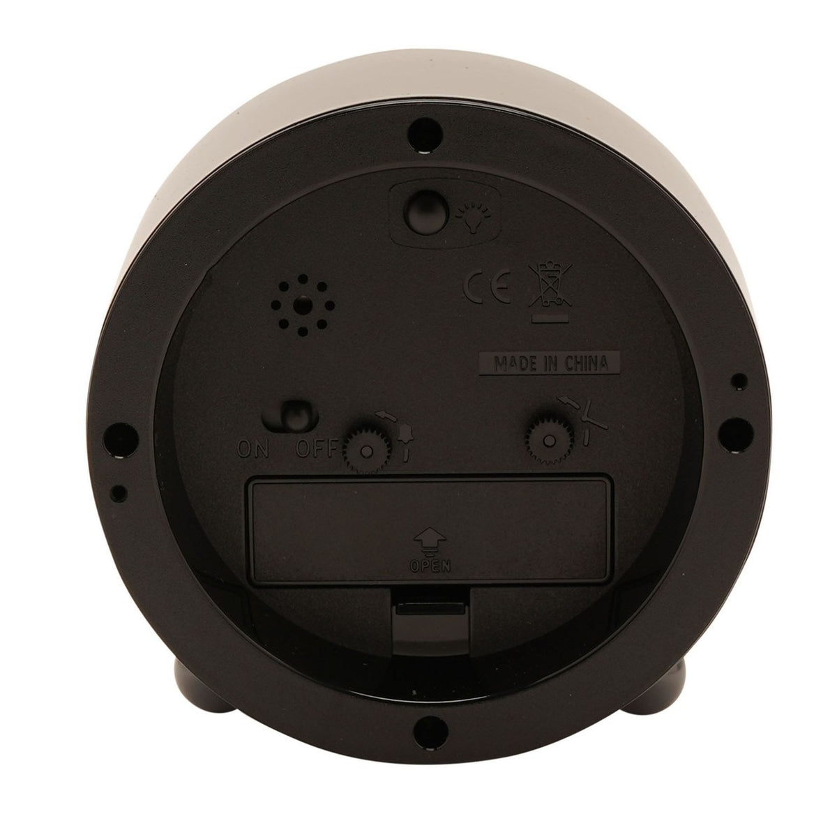 Rear view of the round Metal Case Alarm Clock in grey, showing battery compartment, ON/OFF switch, snooze and light dials, speaker holes, and CE marking on a plain background.