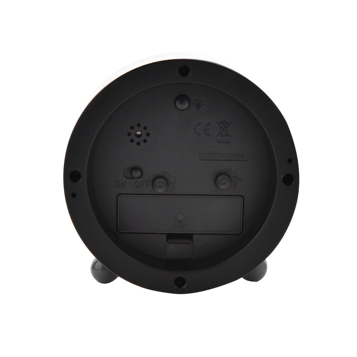 Rear view of the Metal Case Alarm Clock in grey, showing speaker grille, light sensor, ON/OFF switch, two adjustment dials, battery compartment and support feet on a white background.