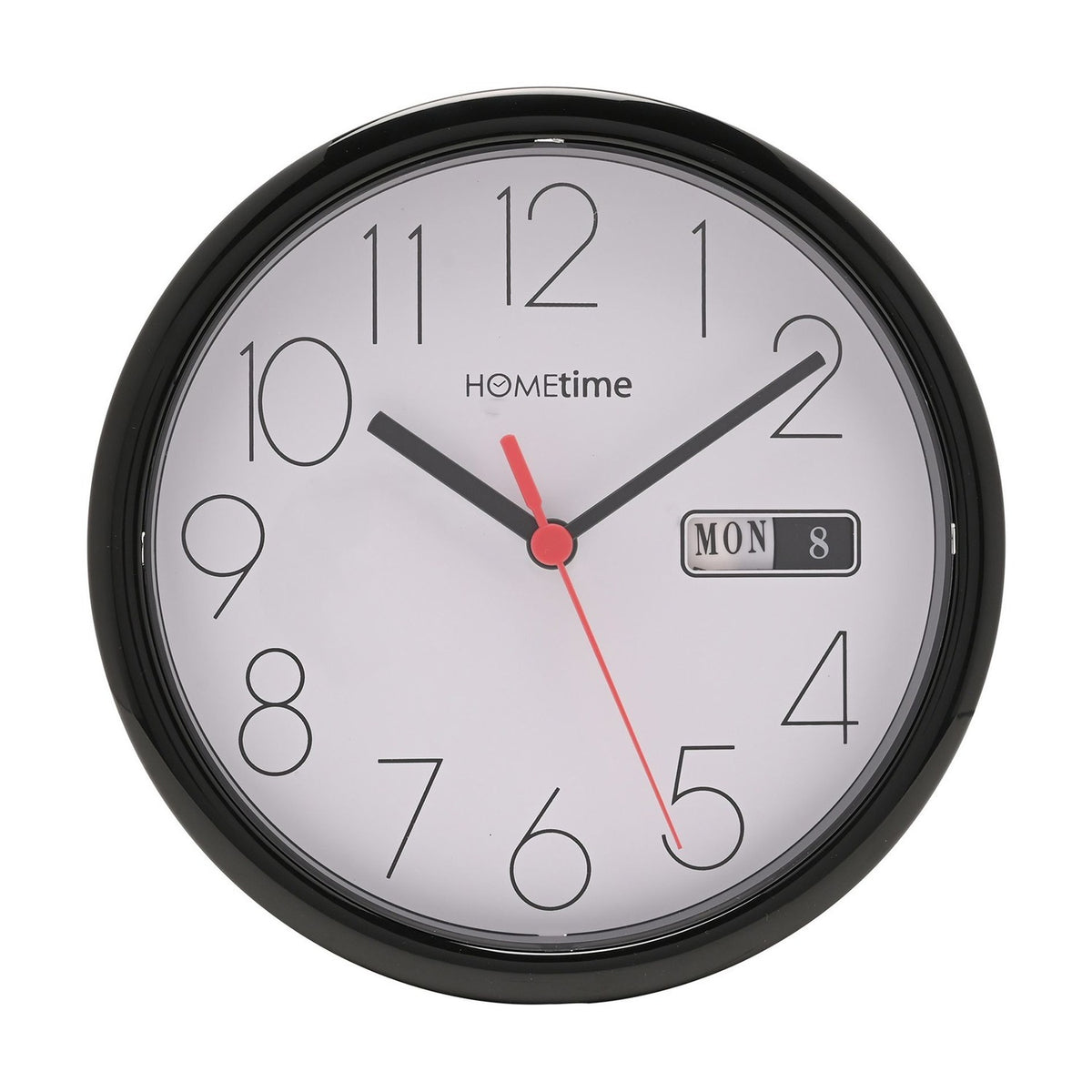 Round 21.5cm wall clock with gloss black case, white dial, bold Arabic numerals, black hour/minute hands, red second hand, and day/date window at 3 o’clock.