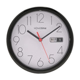 Round 21.5cm wall clock with gloss black case, white dial, bold Arabic numerals, black hour/minute hands, red second hand, and day/date window at 3 o’clock.