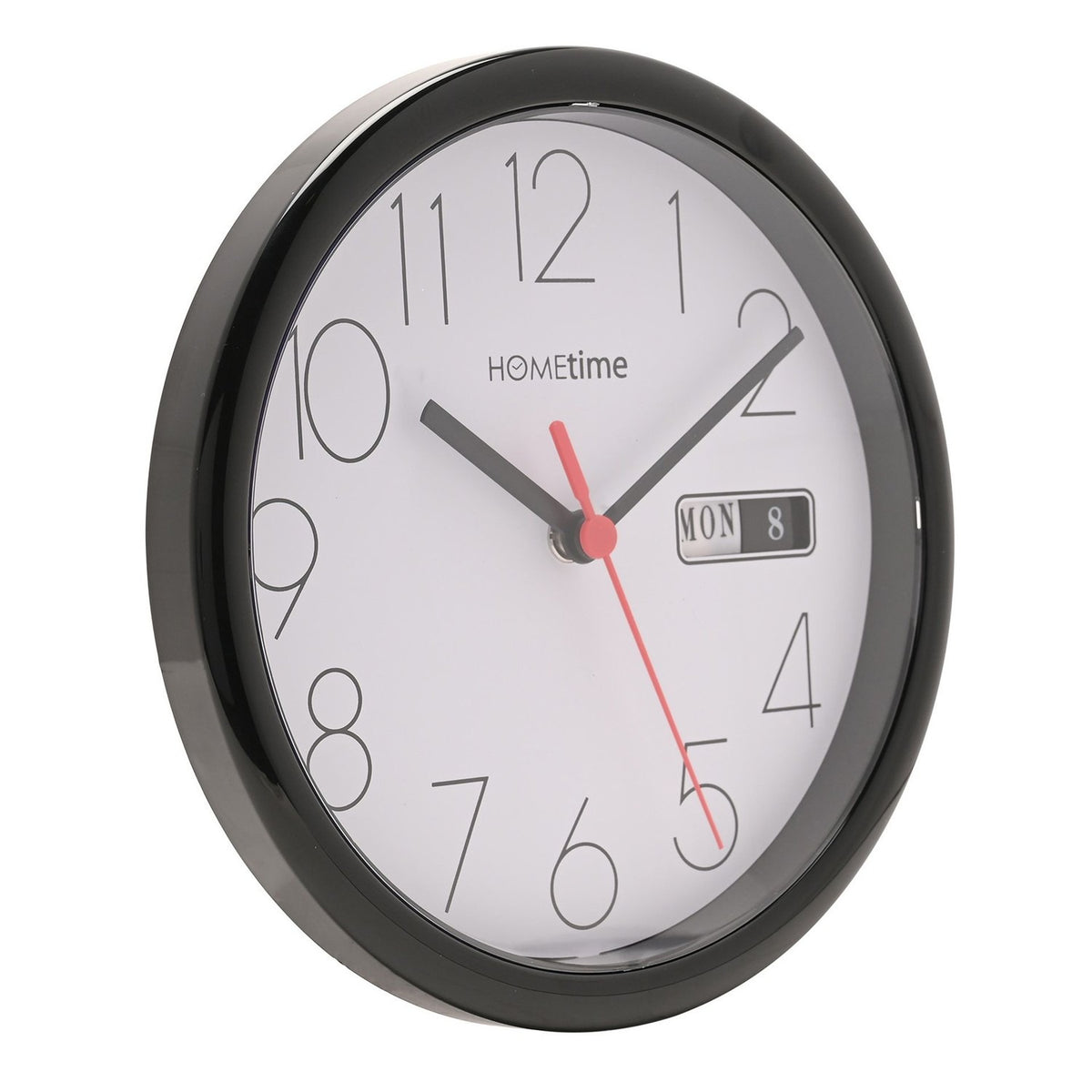 Round wall clock, 21.5cm, with a gloss black plastic case, white dial, black Arabic numerals, black hands, red second hand, and a day/date window, shown on a white background.