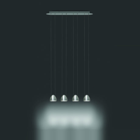 Rinvorne LED 4 Light Linear Pendant Light in chrome, four small egg-shaped shades on fine cables from a slim ceiling plate, shown against a dark background.