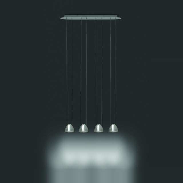 Rinvorne LED 4 Light Linear Pendant Light in chrome, four small egg-shaped shades on fine cables from a slim ceiling plate, shown against a dark background.