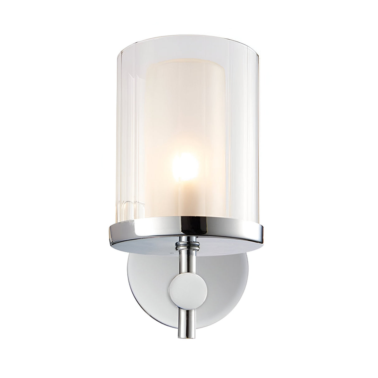 Endon Ashgrove IP44 bathroom wall light in chrome with clear ribbed glass shade and frosted inner diffuser, shown lit on a plain white background.