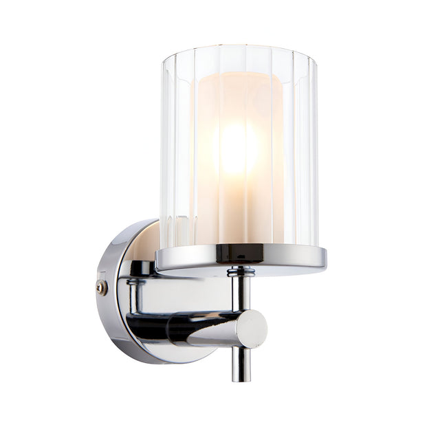 Endon Ashgrove IP44 bathroom wall light in chrome with a ribbed clear glass shade and frosted inner diffuser, shown on a plain white background.