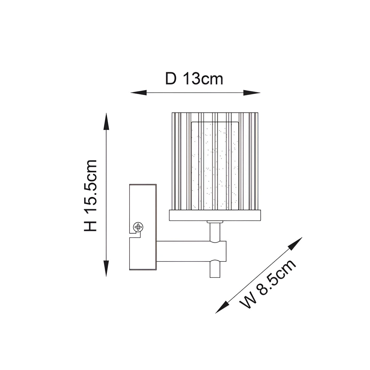 Dimensioned line drawing of the Endon Ashgrove chrome bathroom wall light, showing height 15.5cm, depth 13cm and width 8.5cm.