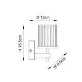 Dimensioned line drawing of the Endon Ashgrove chrome bathroom wall light, showing height 15.5cm, depth 13cm and width 8.5cm.
