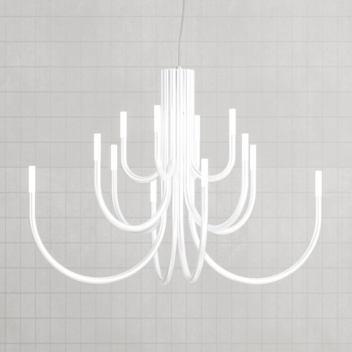 ThePalm LED 12 Light Chandelier in white, with slender curved arms rising from a fluted central stem to glowing acrylic tips, shown against a plain light grey background.
