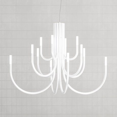 ThePalm LED 12 Light Chandelier in white, with slender curved arms rising from a fluted central stem to glowing acrylic tips, shown against a plain light grey background.