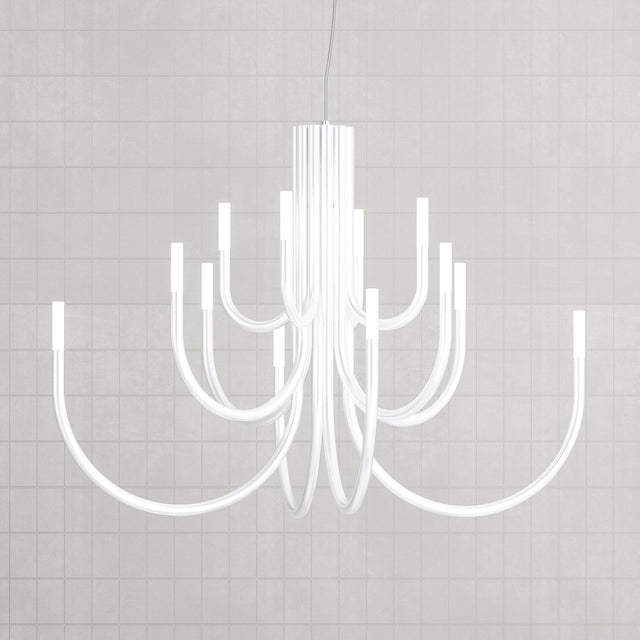 ThePalm LED 12 Light Chandelier in white, with slender curved arms rising from a fluted central stem to glowing acrylic tips, shown against a plain light grey background.
