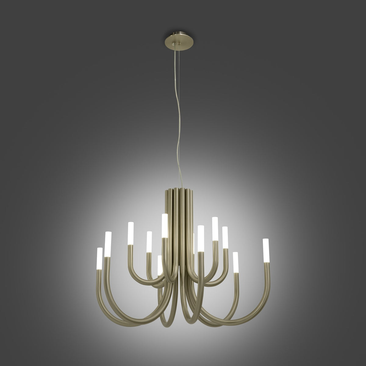 ThePalm LED 12 Light Chandelier in satin nickel, with curved tubular arms from a fluted stem ending in white cylindrical diffusers, shown on a grey background.
