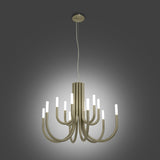 ThePalm LED 12 Light Chandelier in satin nickel, with curved tubular arms from a fluted stem ending in white cylindrical diffusers, shown on a grey background.