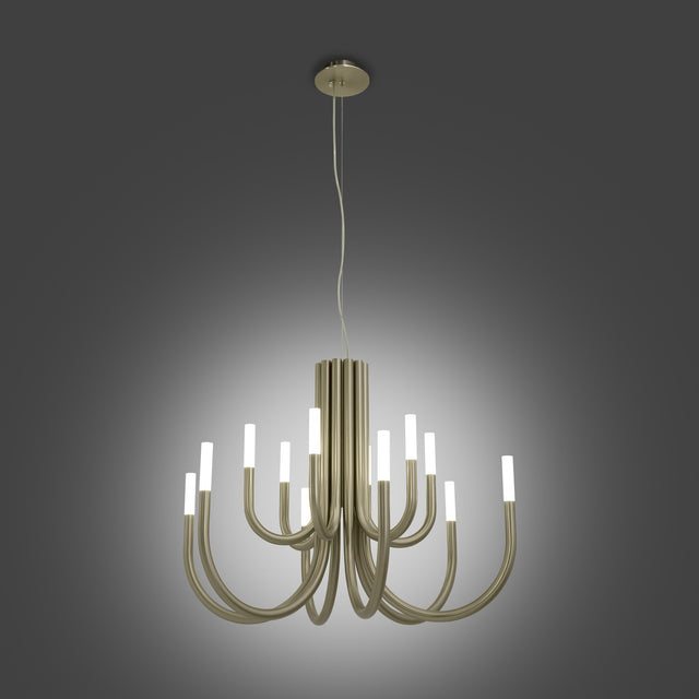 ThePalm LED 12 Light Chandelier in satin nickel, with curved tubular arms from a fluted stem ending in white cylindrical diffusers, shown on a grey background.