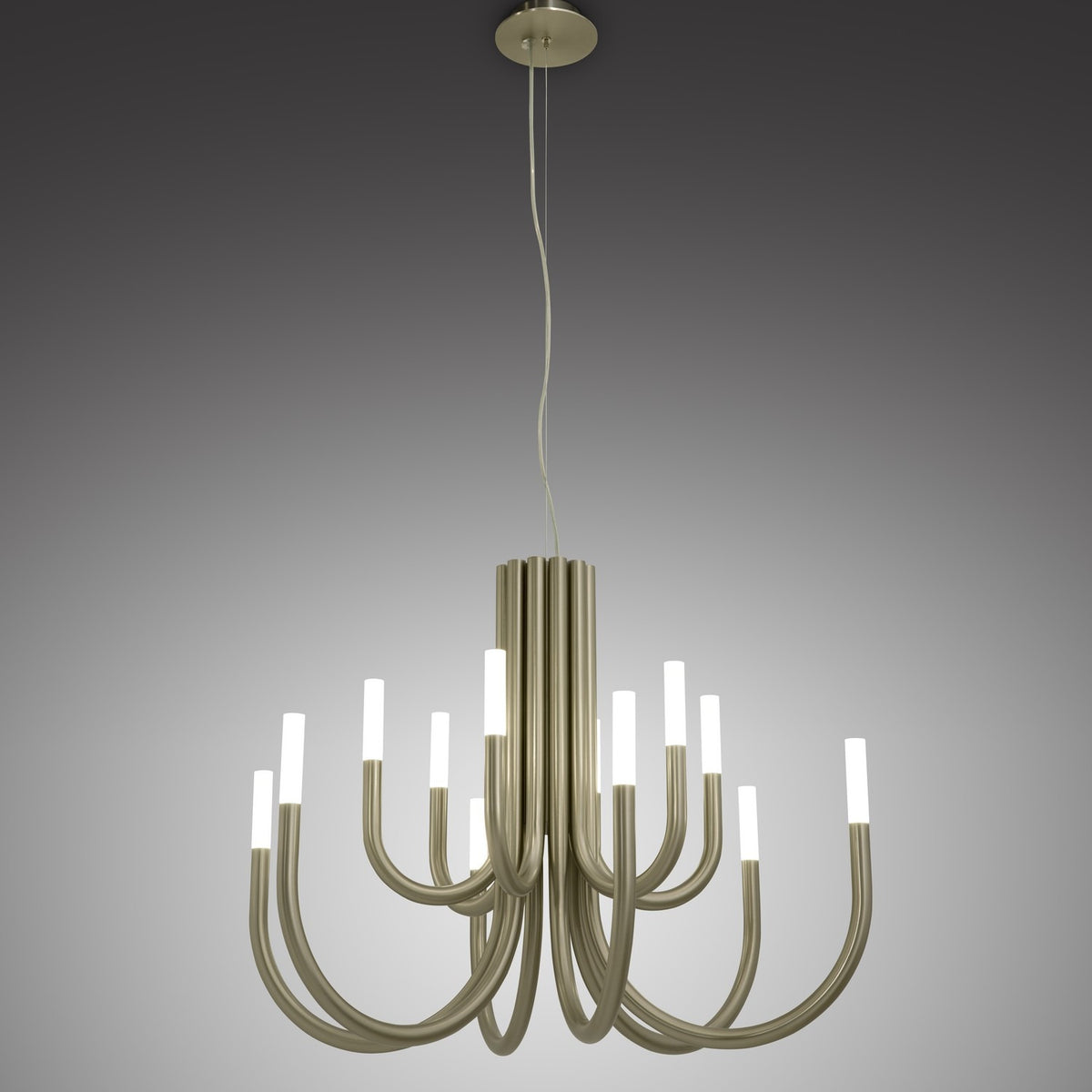 ThePalm LED 12 Light Chandelier in satin nickel, with curved tubular arms sweeping from a fluted stem and ending in white cylindrical diffusers, against a grey studio background.