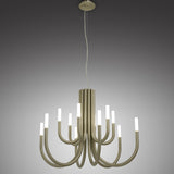 ThePalm LED 12 Light Chandelier in satin nickel, with curved tubular arms sweeping from a fluted stem and ending in white cylindrical diffusers, against a grey studio background.