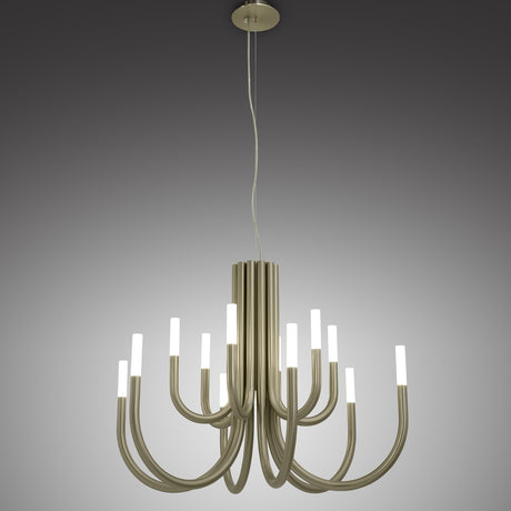 ThePalm LED 12 Light Chandelier in satin nickel, with curved tubular arms sweeping from a fluted stem and ending in white cylindrical diffusers, against a grey studio background.