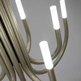 Close-up of ThePalm LED 12 Light Chandelier in satin nickel, showing curved tubular arms with white cylindrical acrylic diffusers against a plain grey background.