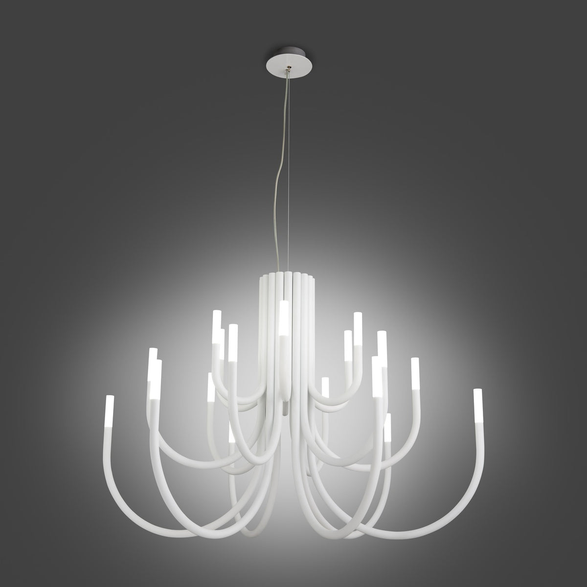 ThePalm LED 18 Light Chandelier in white, with slim curved arms sweeping from a fluted central stem to glowing integrated LED tips, shown on a plain grey background.