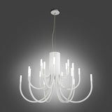ThePalm LED 18 Light Chandelier in white, with slim curved arms sweeping from a fluted central stem to glowing integrated LED tips, shown on a plain grey background.