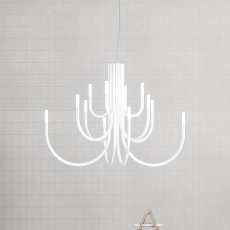 ThePalm LED 18 Light Chandelier in white, with slender arms curving outward from a fluted stem to glowing LED tips, shown against a light grey gridded wall.