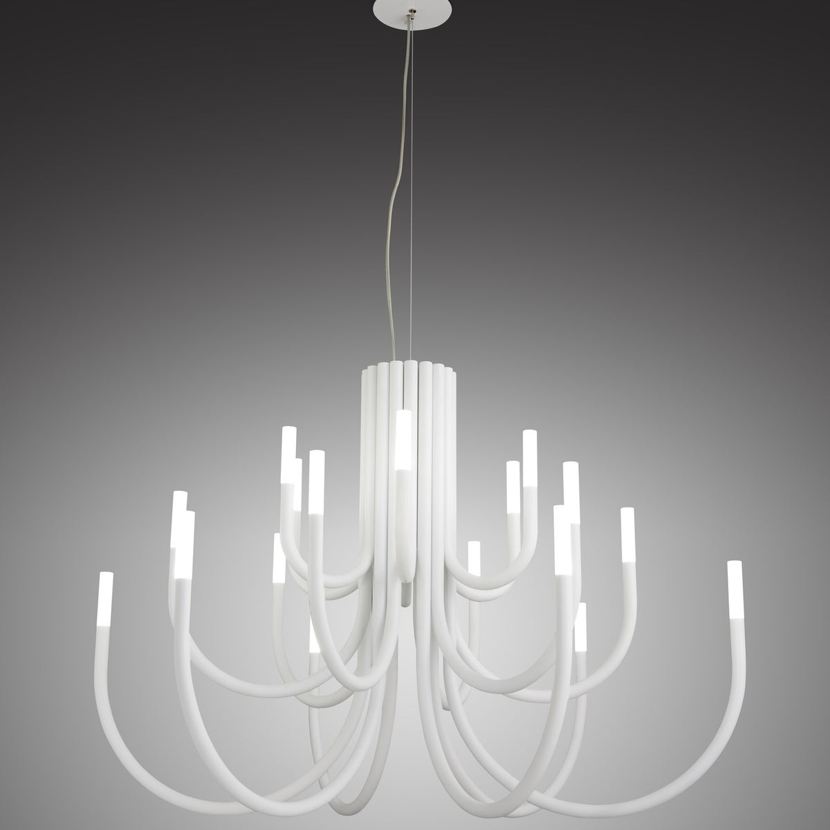 ThePalm LED 18 Light Chandelier in white, with slim curved arms sweeping from a fluted central stem to glowing LED tips, shown against a plain grey background.