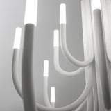 Close-up of ThePalm LED 18 Light Chandelier in white, showing curved acrylic and iron arms with glowing integrated LED tips against a light grey background.