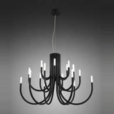 ThePalm LED 18 Light Chandelier in black, with curved iron arms in two tiers radiating from a fluted column, each tipped with a slim white integrated LED, shown against a dark grey background.