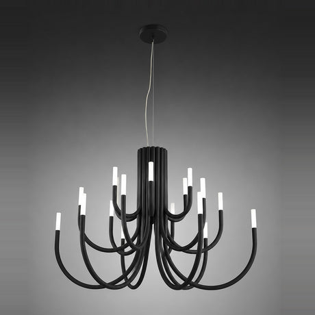 ThePalm LED 18 Light Chandelier in black, with curved iron arms in two tiers radiating from a fluted column, each tipped with a slim white integrated LED, shown against a dark grey background.